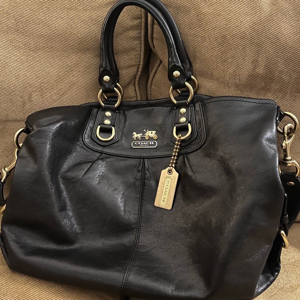 Coach Black leather satchel handbag.  Medium sized.